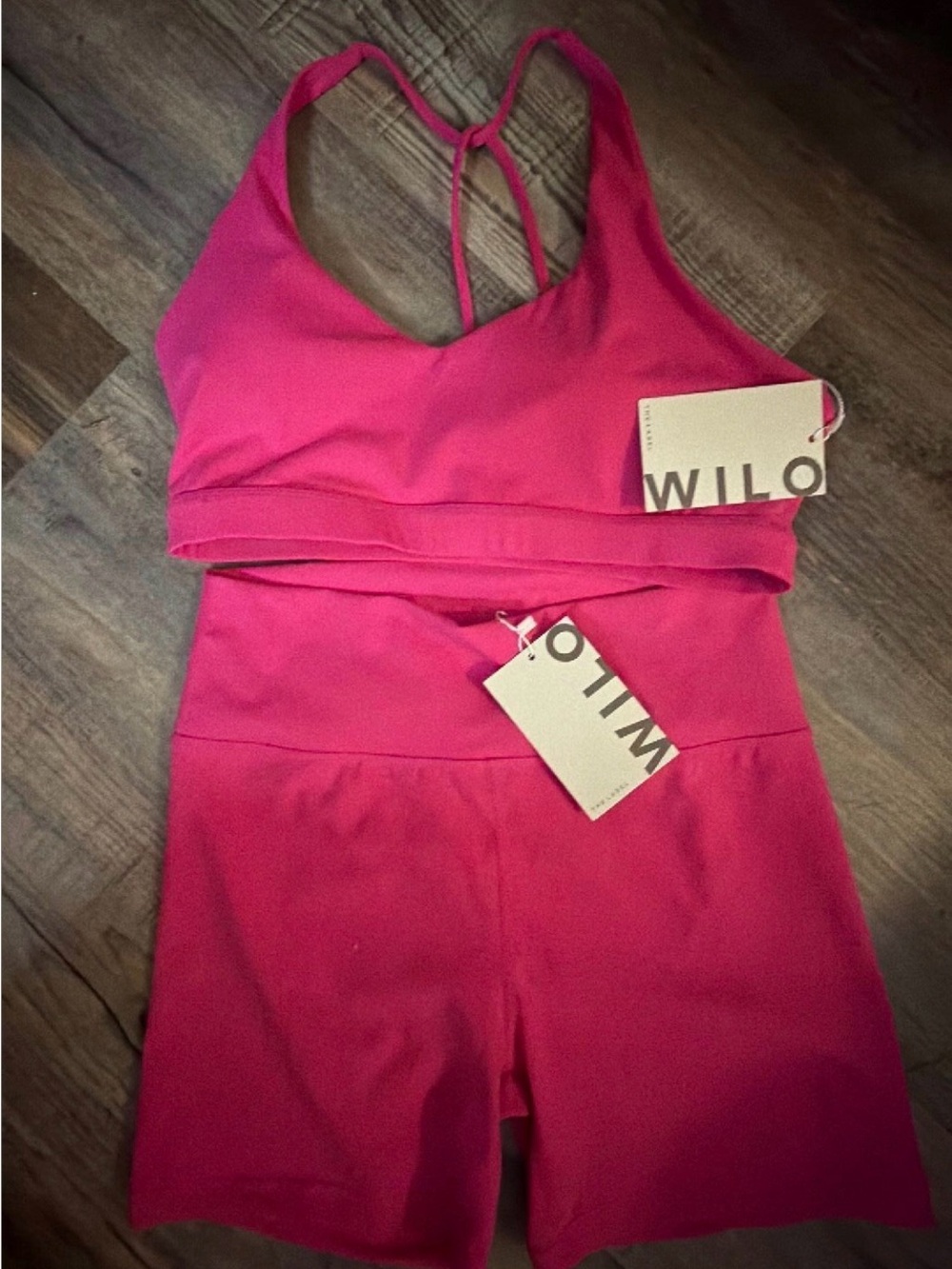 NWT WILO Women's Hot Pink High-Waist Biker Shorts & Strappy Sports Bra Set